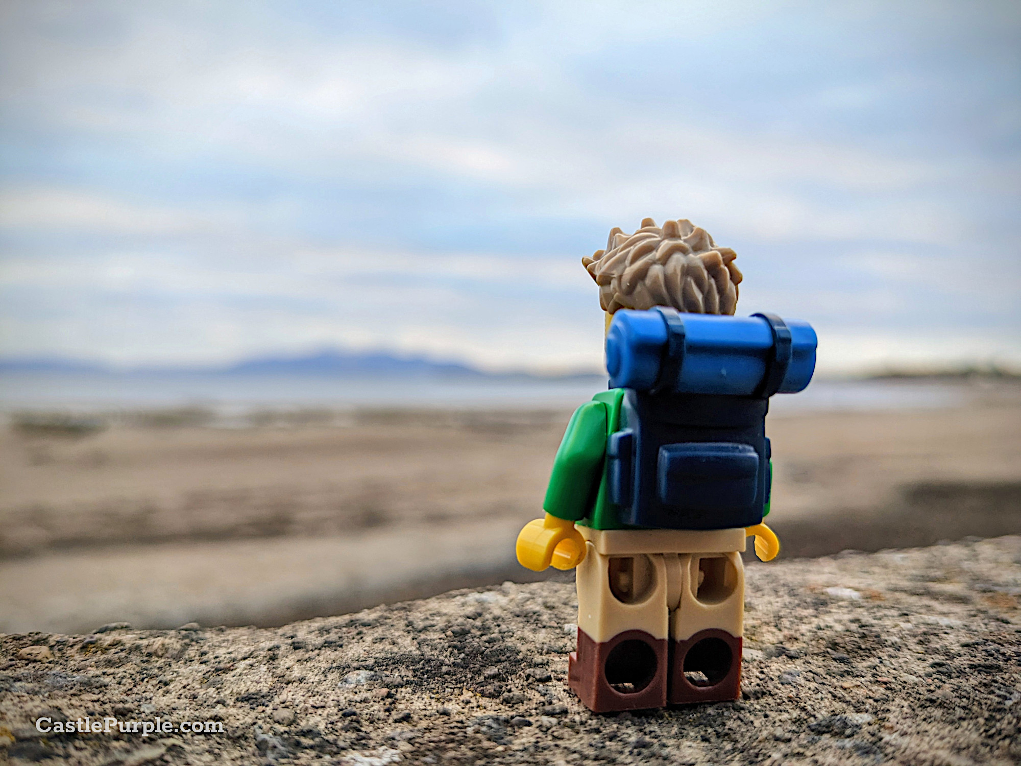 The Lego 'Hiker' minifigure stands with his back to the view gazing out over a beach toward a distant island.