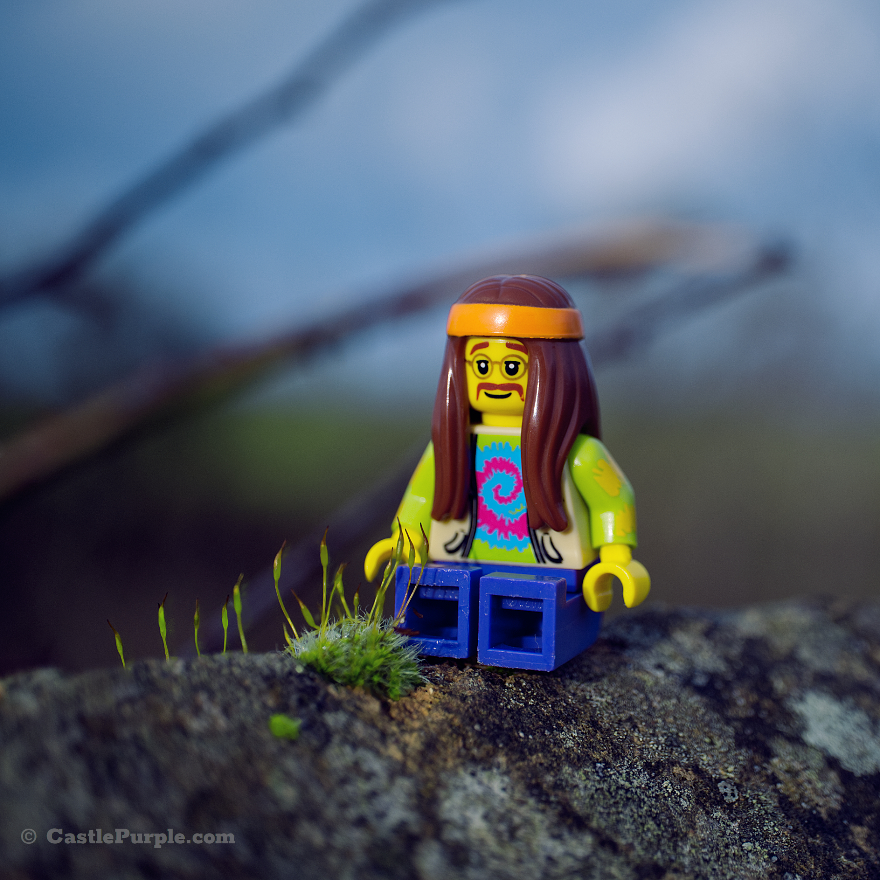The 'Hippie' Lego minifigure sits staring at a small plant in front of him.